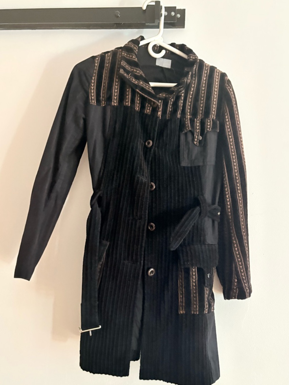 Custo Black Striped-Trim Mixed-Texture Trench Coat